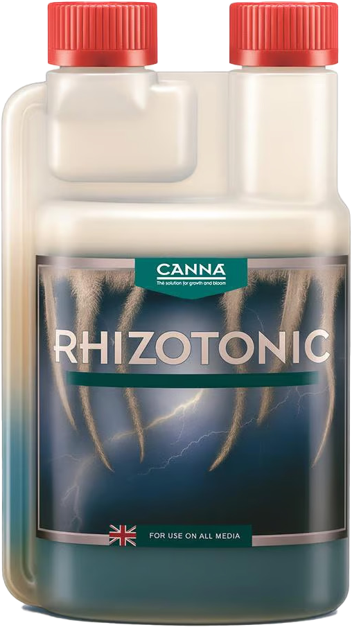 Rhizotonic plant fertiliser bottle with roots illustration, ideal for plant growth.