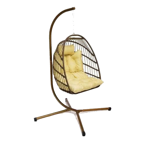 Egg chair with cushions for outdoor relaxation.