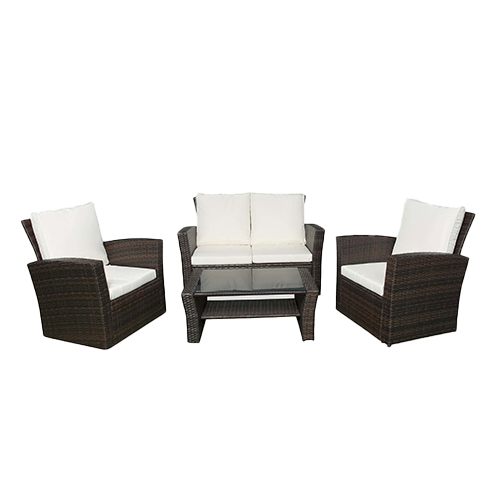 Outdoor garden furniture set with wicker chairs and a glass-topped table, perfect for relaxing in yo.