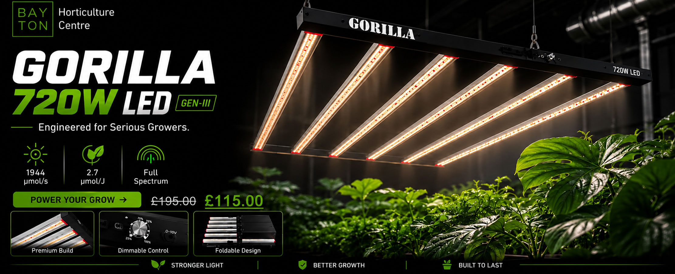 Gorilla 720W LED grow light for horticulture at Bayton Horticulture Centre.
