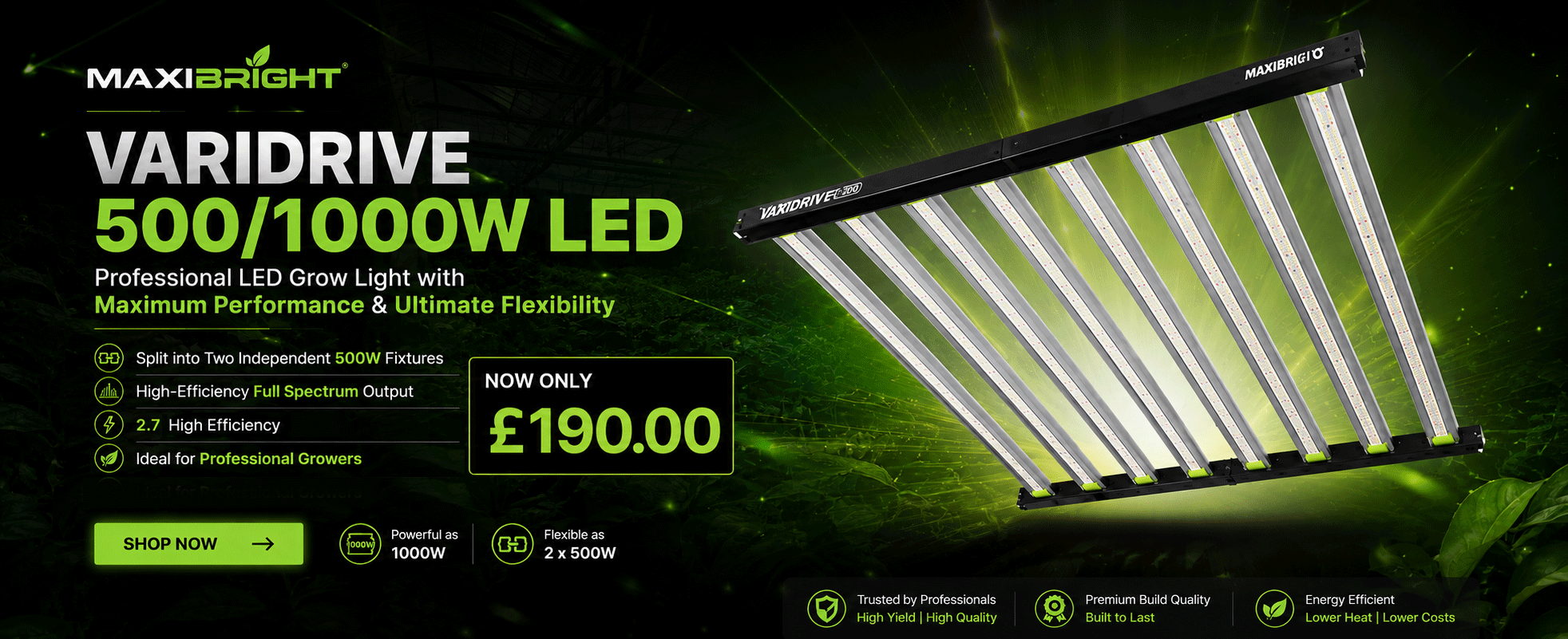 MaxiBright Varidrive 500/1000W LED grow light for horticulture.