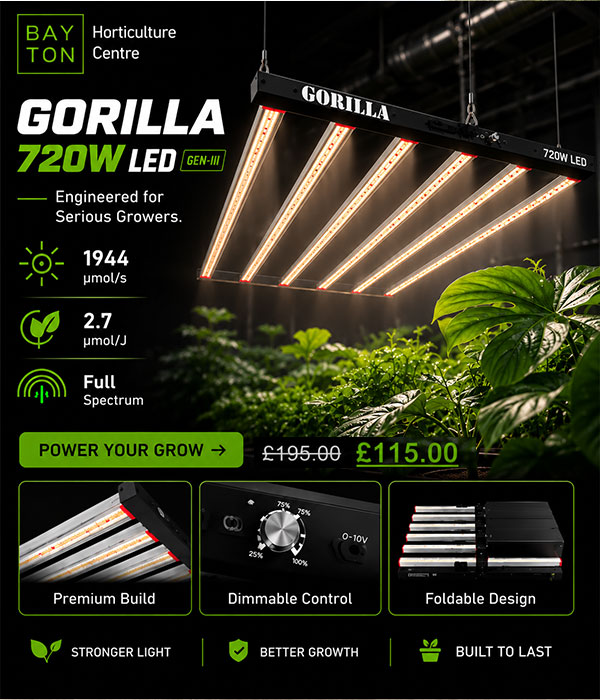 Gorilla 720W LED grow light for horticulture at Bayton Horticulture Centre.