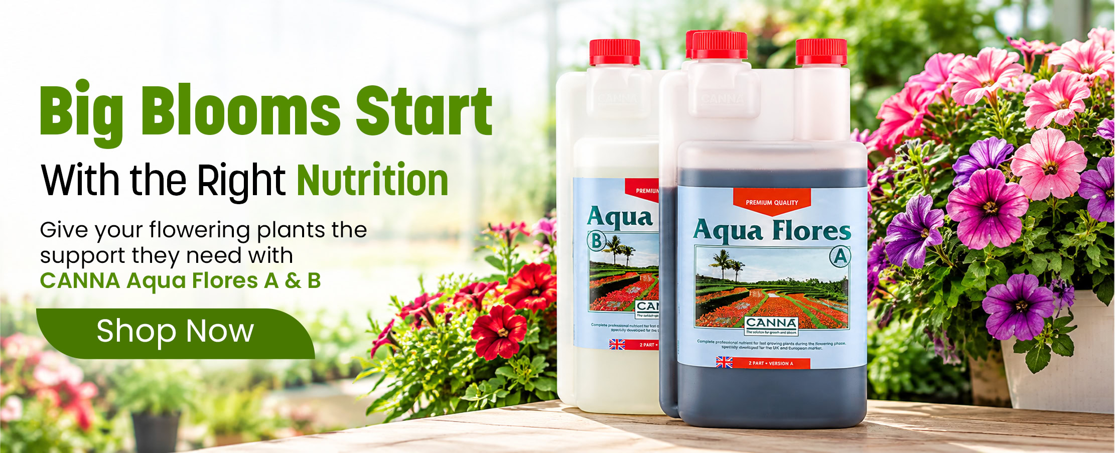 Aqua Flores fertiliser bottles with blooming flowers in background.