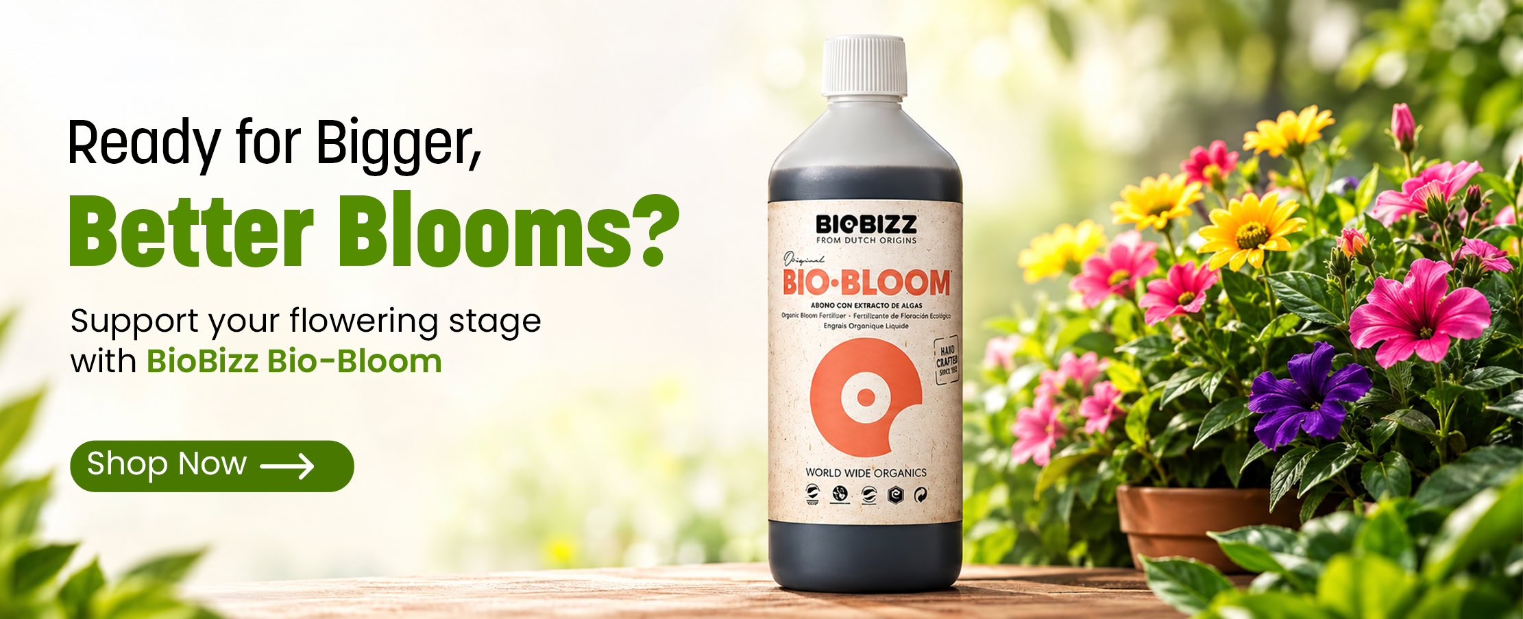Support your flowering plants with BioBizz Bio-Bloom fertiliser at Bayton Horticulture Centre.